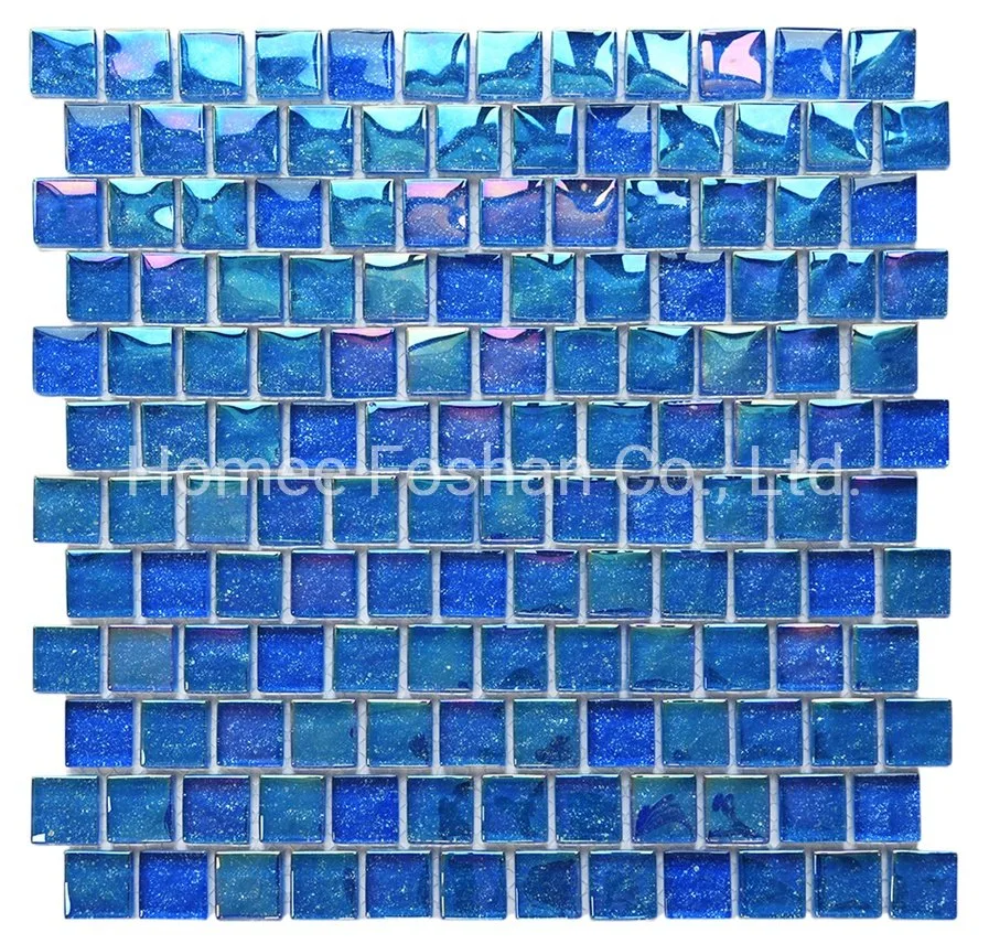 Foshan Manufacturer Glossy Iridescent Blue Square Glass Swimming Pool Mosaic Tile Sample Customization